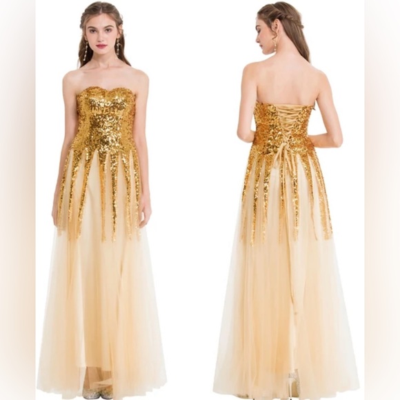 Taylor Swift Inspired Dress. Sweetheart Gold Party Prom Dress - Picture 3 of 6
